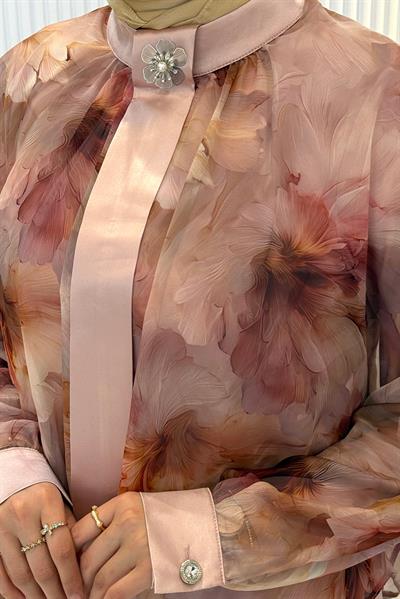 Çiçek Desenli Şifon Gömlekli Pantolonlu Tesettür Takım Pudra OTW45854