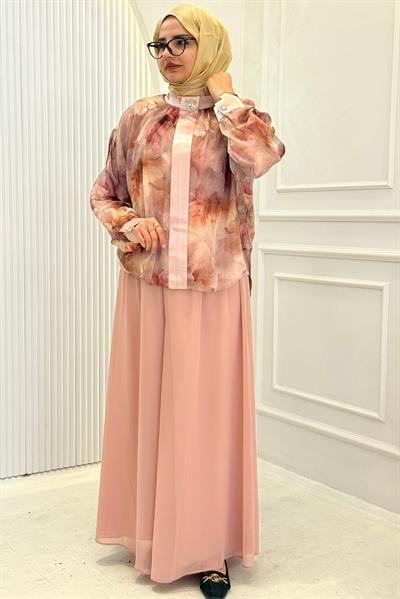 Çiçek Desenli Şifon Gömlekli Pantolonlu Tesettür Takım Pudra OTW45854