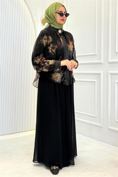 Çiçek Desenli Şifon Gömlekli Pantolonlu Tesettür Takım Siyah OTW45854