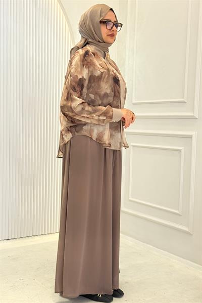 Çiçek Desenli Şifon Gömlekli Pantolonlu Tesettür Takım Vizon OTW45854