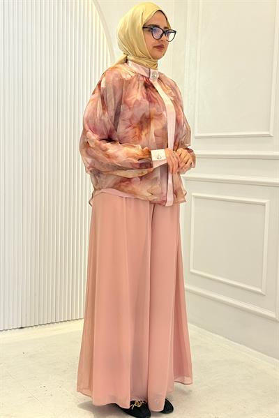 Çiçek Desenli Şifon Gömlekli Pantolonlu Tesettür Takım Pudra OTW45854