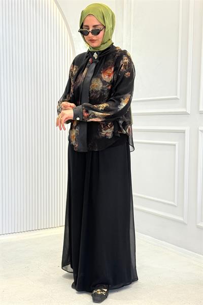 Çiçek Desenli Şifon Gömlekli Pantolonlu Tesettür Takım Siyah OTW45854