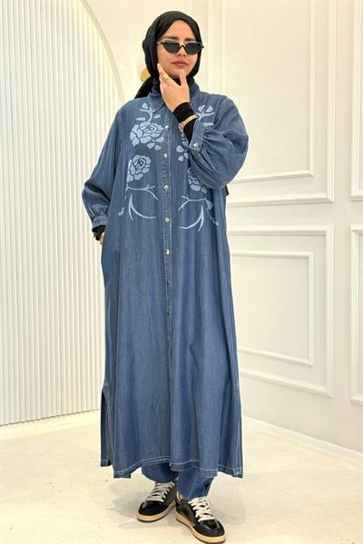 Çiçek Desenli Tensel Kot Uzun Kap&Elbise Mavi OTW8018