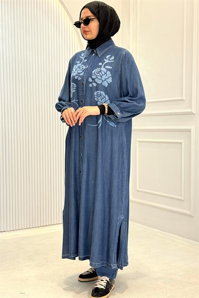 Çiçek Desenli Tensel Kot Uzun Kap&Elbise Mavi OTW8018