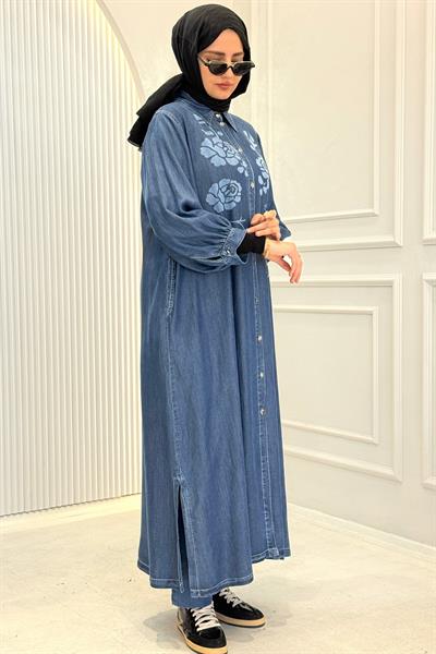 Çiçek Desenli Tensel Kot Uzun Kap&Elbise Mavi OTW8018