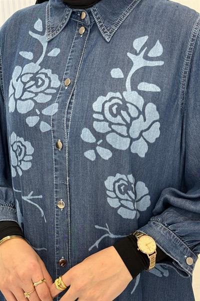 Çiçek Desenli Tensel Kot Uzun Kap&Elbise Mavi OTW8018