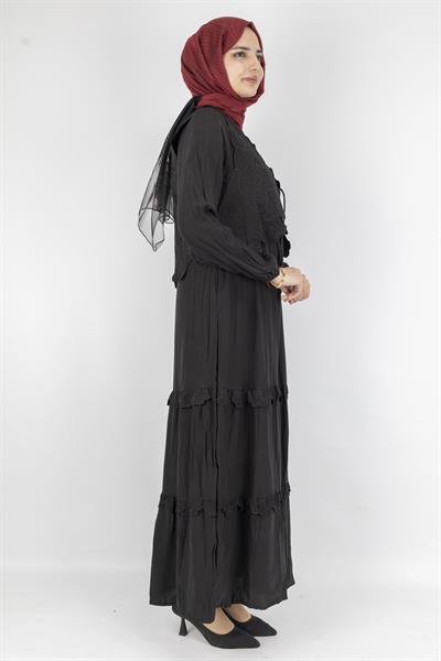 Çiçek Güpür Yelekli Uzun Tesettür Elbise Siyah OTW6047