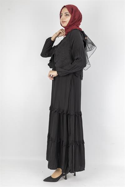 Çiçek Güpür Yelekli Uzun Tesettür Elbise Siyah OTW6047