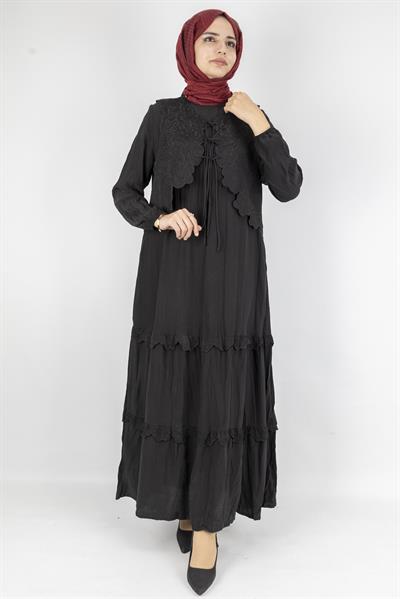Çiçek Güpür Yelekli Uzun Tesettür Elbise Siyah OTW6047