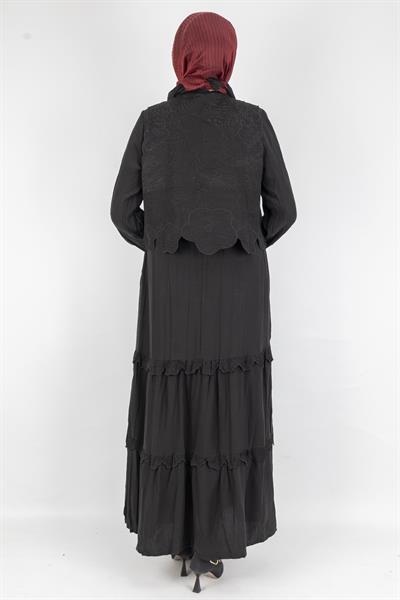 Çiçek Güpür Yelekli Uzun Tesettür Elbise Siyah OTW6047