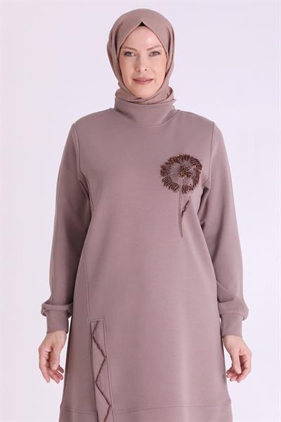 Behrem Çiçek İşlemeli Rahat Kesim Büyük Beden Tunik Kestane OTW20126