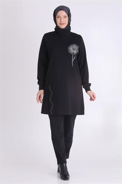 Behrem Çiçek İşlemeli Rahat Kesim Büyük Beden Tunik Siyah OTW20126