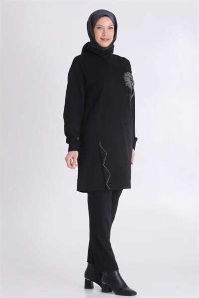 Çiçek İşlemeli Rahat Kesim Büyük Beden Tunik Siyah OTW20126
