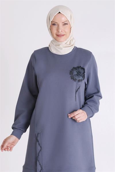 Behrem Çiçek İşlemeli Rahat Kesim Büyük Beden Tunik Duman Mavi OTW20126