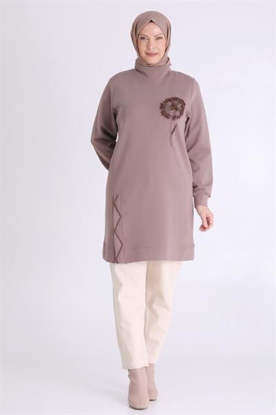 Behrem Çiçek İşlemeli Rahat Kesim Büyük Beden Tunik Kestane OTW20126