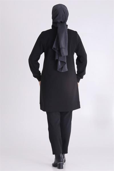 Behrem Çiçek İşlemeli Rahat Kesim Büyük Beden Tunik Siyah OTW20126
