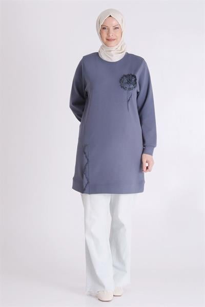 Behrem Çiçek İşlemeli Rahat Kesim Büyük Beden Tunik Duman Mavi OTW20126