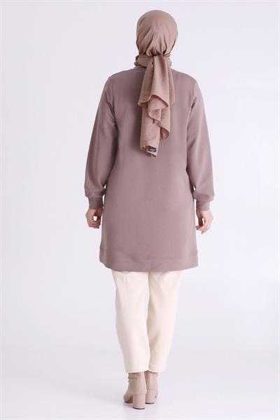 Çiçek İşlemeli Rahat Kesim Büyük Beden Tunik Kestane OTW20126