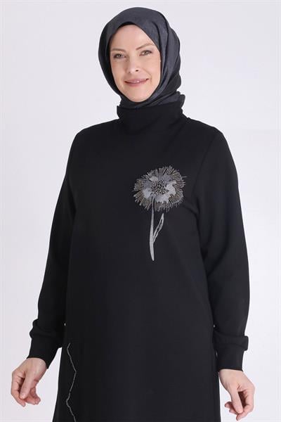 Behrem Çiçek İşlemeli Rahat Kesim Büyük Beden Tunik Siyah OTW20126