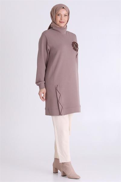 Çiçek İşlemeli Rahat Kesim Büyük Beden Tunik Kestane OTW20126