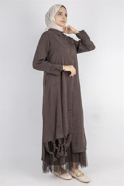 Çiçek Motifli Tül Detaylı Elbise Kahve OTW5536