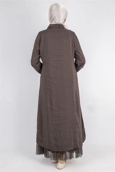 Çiçek Motifli Tül Detaylı Elbise Kahve OTW5536