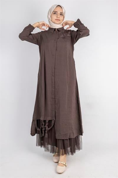 Çiçek Motifli Tül Detaylı Elbise Kahve OTW5536