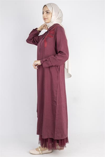 Çiçek Motifli Tül Detaylı Elbise Kırmızı OTW5536