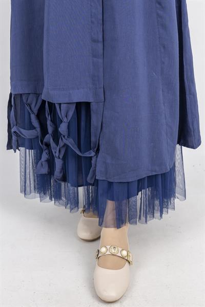 Çiçek Motifli Tül Detaylı Elbise Lacivert OTW5536