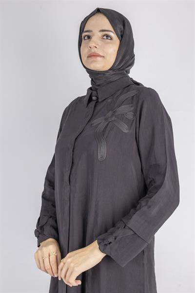 Çiçek Motifli Tül Detaylı Elbise Siyah OTW5536