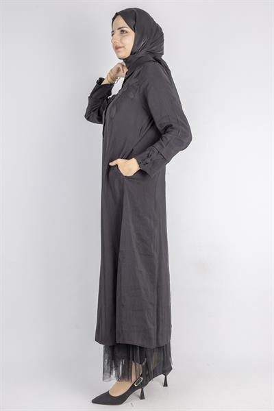 Çiçek Motifli Tül Detaylı Elbise Siyah OTW5536