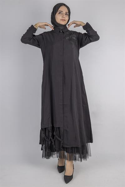 Çiçek Motifli Tül Detaylı Elbise Siyah OTW5536