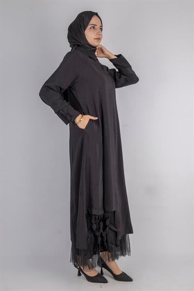 Çiçek Motifli Tül Detaylı Elbise Siyah OTW5536