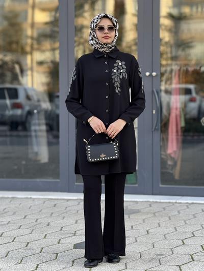 Çiçek Taş Detaylı Krep Tunik Siyah OTW2167