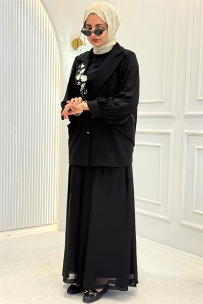 Çiçek Taş İşlemeli Siyah Büyük Beden Tesettür Takım Siyah OTW9602