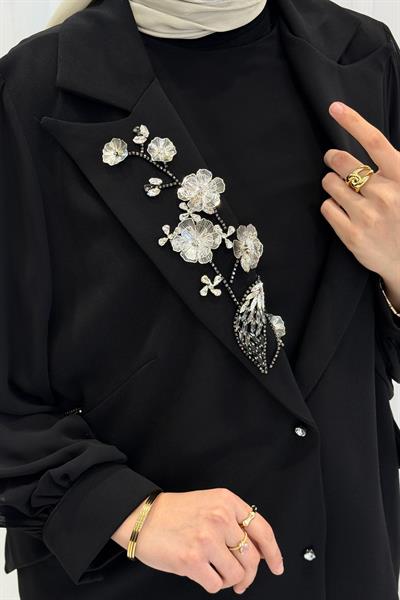 Çiçek Taş İşlemeli Siyah Büyük Beden Tesettür Takım Siyah OTW9602