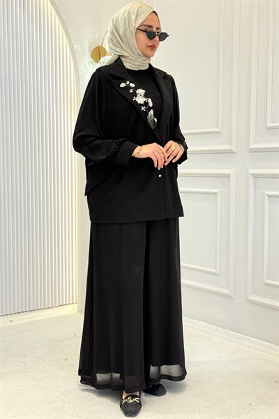 Çiçek Taş İşlemeli Siyah Büyük Beden Tesettür Takım Siyah OTW9602
