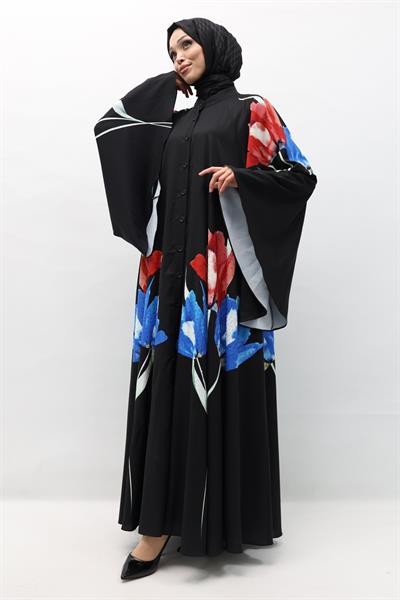 Çiçekli Saten Ferace Siyah OTW339