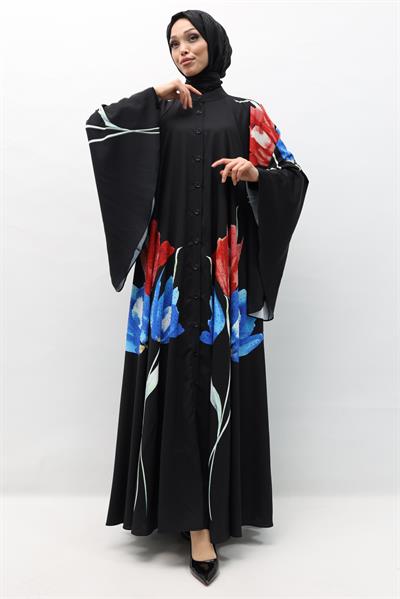 Çiçekli Saten Ferace Siyah OTW339