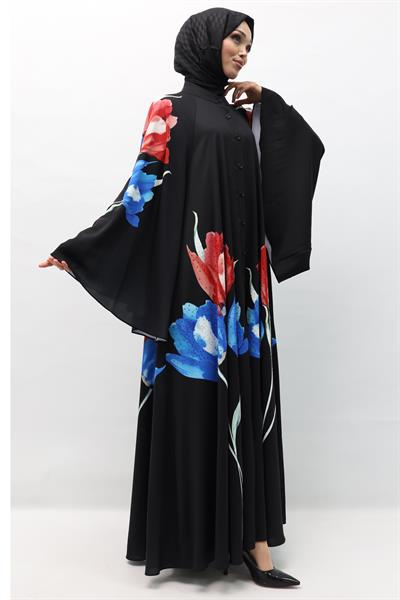 Çiçekli Saten Ferace Siyah OTW339