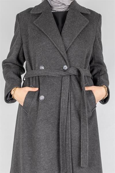 Çift Düğmeli Büyük Beden Kaşe Kaban Antrasit OTW26024