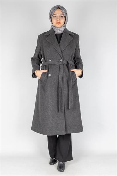 Çift Düğmeli Büyük Beden Kaşe Kaban Antrasit OTW26024