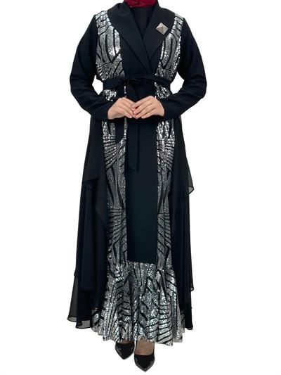 Çıtçıtlı Abaya Siyah-Gümüş OTW1129