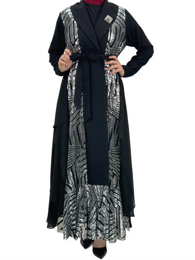 Çıtçıtlı Abaya Siyah-Gümüş OTW1129