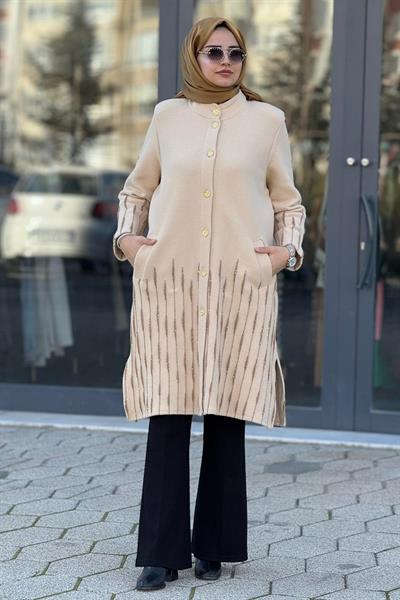 Çizgi Detaylı Angora Büyük Beden Kaban Bej OTW5222