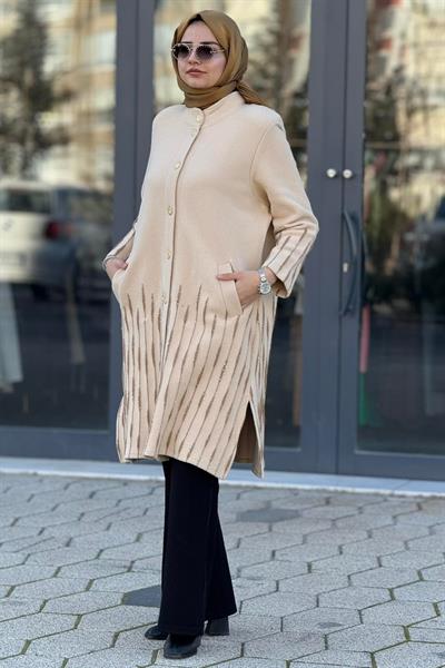 Çizgi Detaylı Angora Büyük Beden Kaban Bej OTW5222