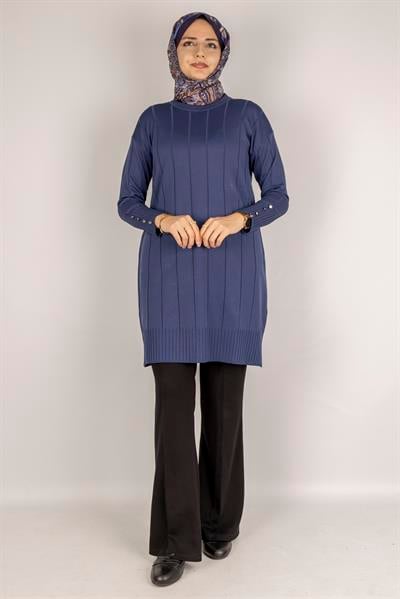 Çizgi Detaylı Merserize Tunik İndigo OTW1007