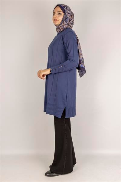 Çizgi Detaylı Merserize Tunik İndigo OTW1007