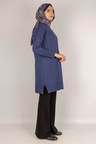 Çizgi Detaylı Merserize Tunik İndigo OTW1007
