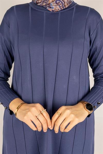 Çizgi Detaylı Merserize Tunik İndigo OTW1007